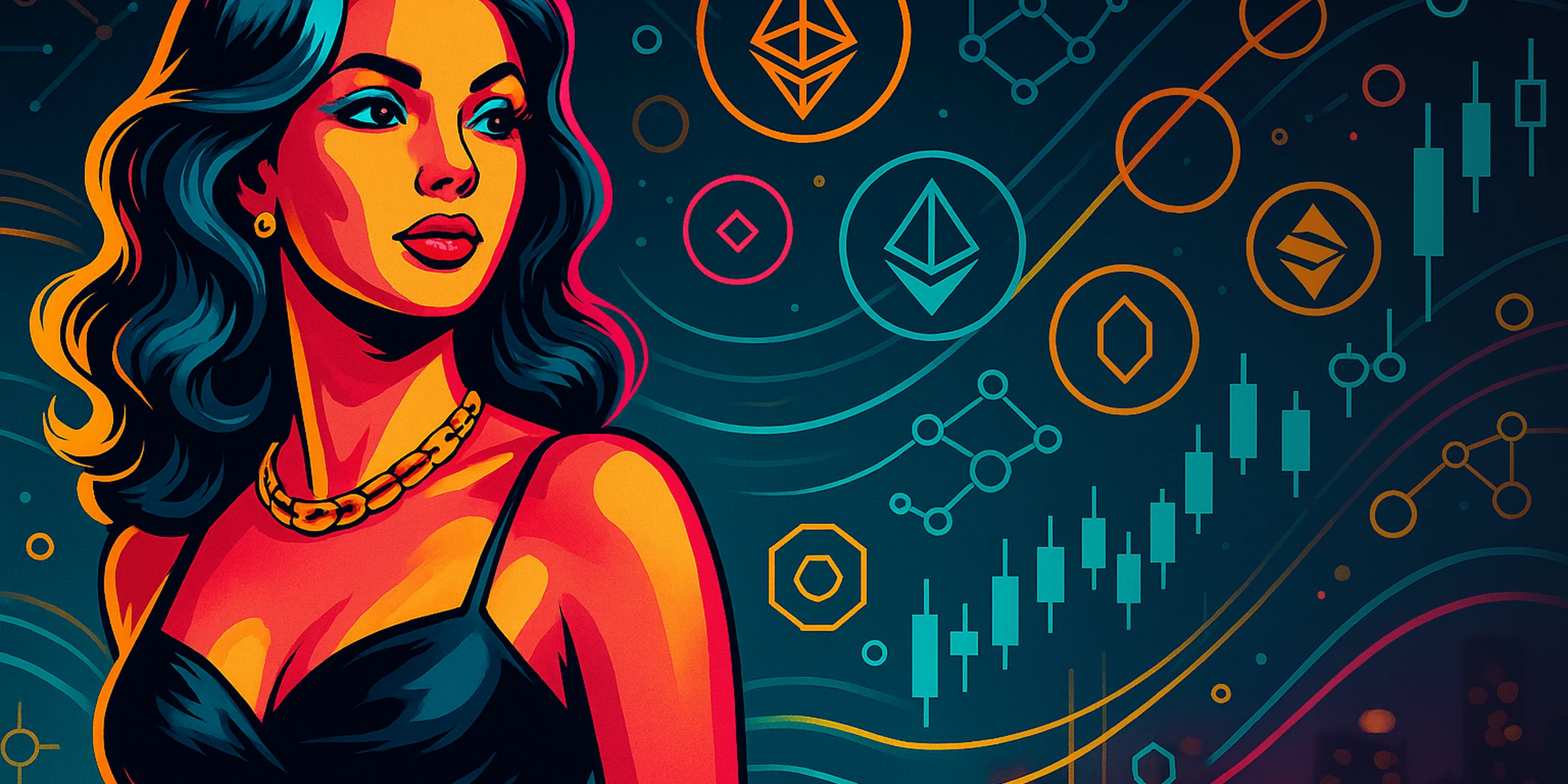 Glamorous portrait with abstract neon data ribbons symbolizing blockchain